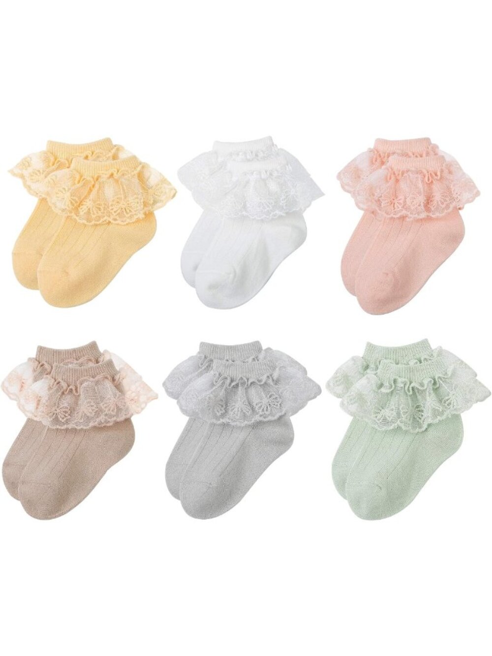 6 Pairs Baby Girls Ruffle Lace Socks - Newborn Frilly Knit Cotton Booties